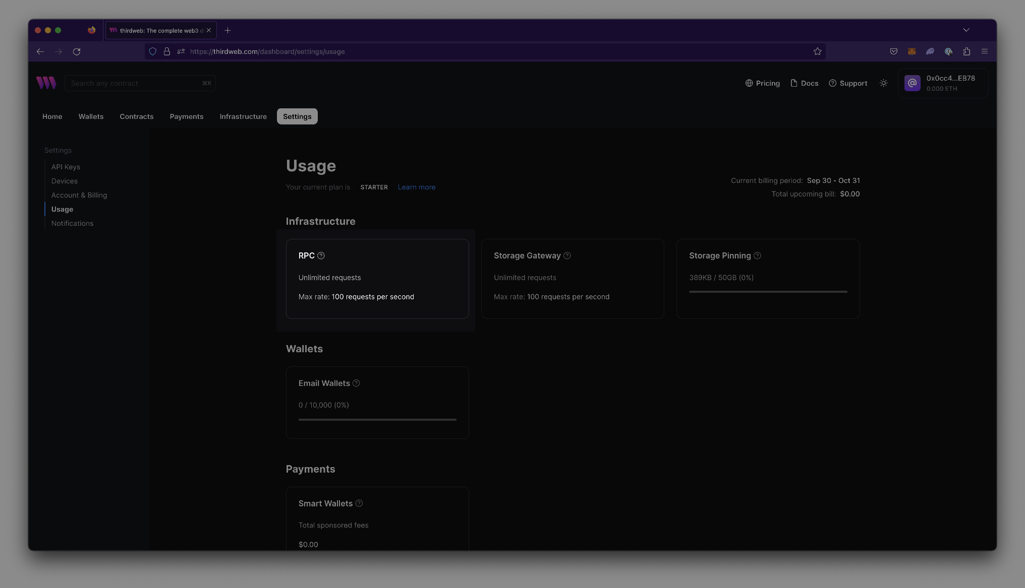 Usage dashboard showing how much of each service has been used